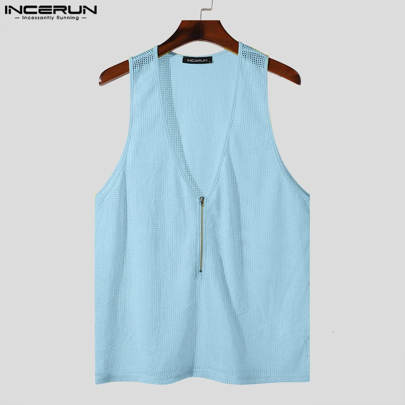 INCERUN mens tank top solid hollow transparent zipper V-neck sleeveless vest summer streetwear fashionable mens clothing 250403