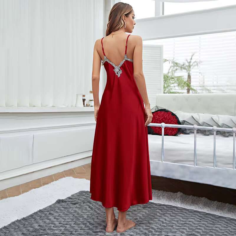 OEM ODM Hot Sale Satin Pamas Female Lace Sexy V-Neck Long Style Suspender Nightdress Ice Silk Nightgown Slip Skirt