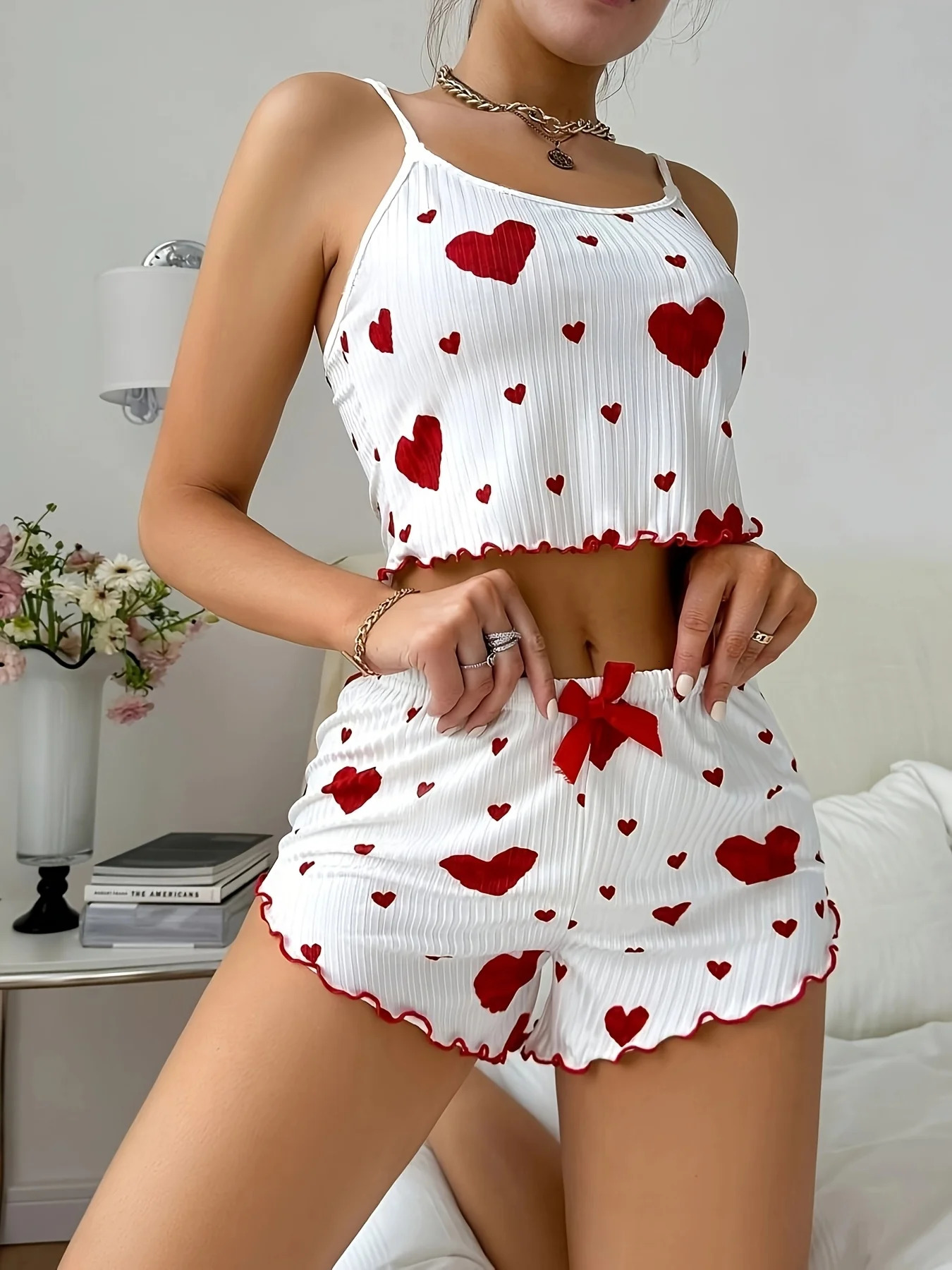 Sweet Heart Print Pajama Set for Women Cute Sleeveless Cami Top and Ruffle Shorts Soft Ribbed Knit Loungewear Adorable Pjs 250408