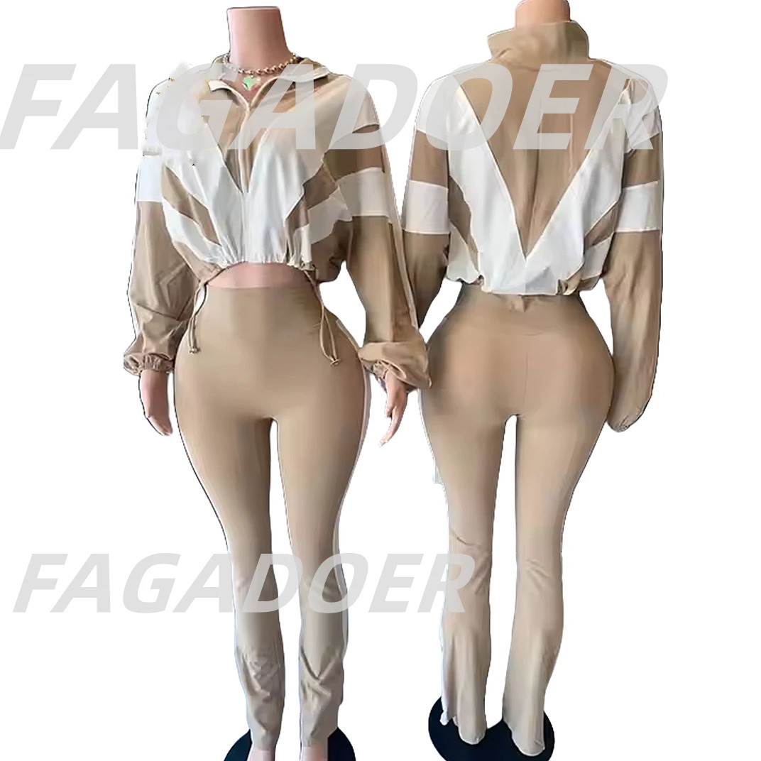 FAGADOER Spring Casual Two Piece Outfits Woman Color Block Long Sleeve Zipper Jacket and Jogger Pants Tracksuit Streetwear 250407