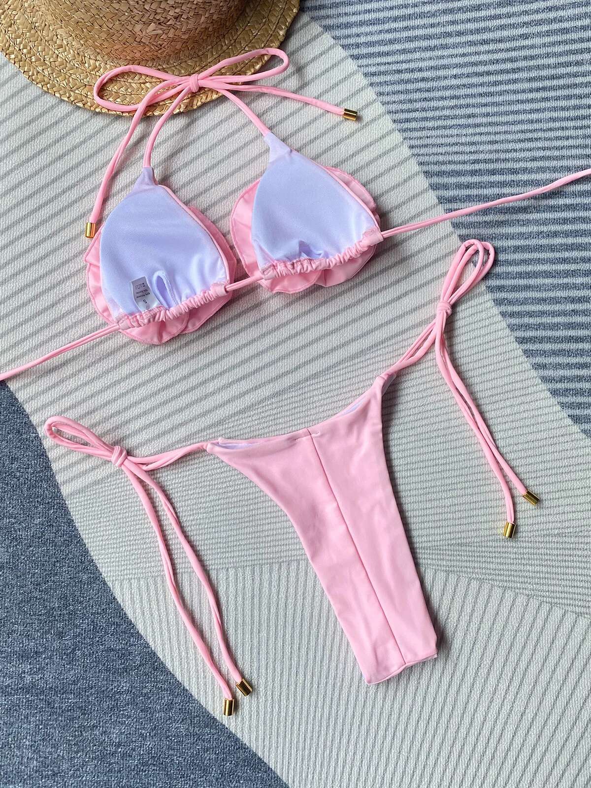 Dongdumaoyi Sexy D Flower Micro Bikini Women Pink White Cut Out Push Up Criss Cross Thong Swimsuit Beach Bathing Suit Tanga Swimwear