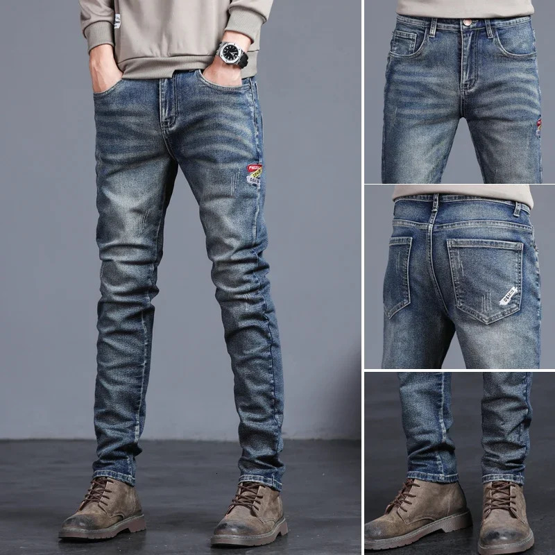 mens retro jeans Korean fashion ultrathin small feet embroidery streetwear 250401