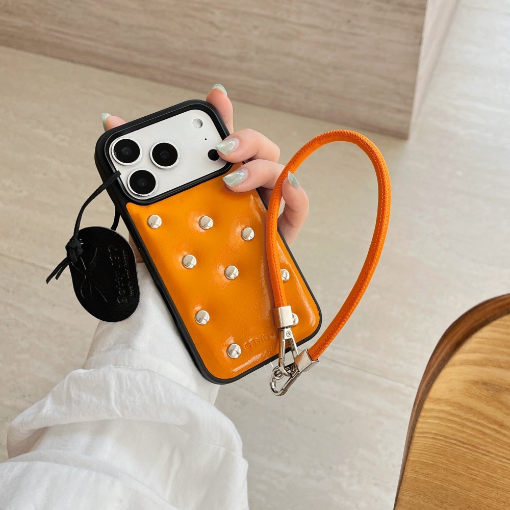 Orange Rivet Leather Phone Case Compatible with iPhone 17/16 Pro Simple Solid Color iPhone 15/14 Shockproof