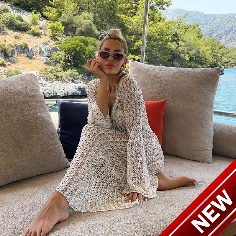 Spring New Beach Skirt Womens Solid Color Sexy Knitted Hollow Beach Bikini Swimsuit Womens Dress