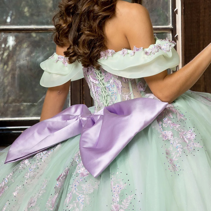 Green Quinceanera Dresses Off Shoulder Ball Gown Sweet 16 Dress Applique Bow Beads Tull Corset Birthday Party Vestidos 15 De Anos