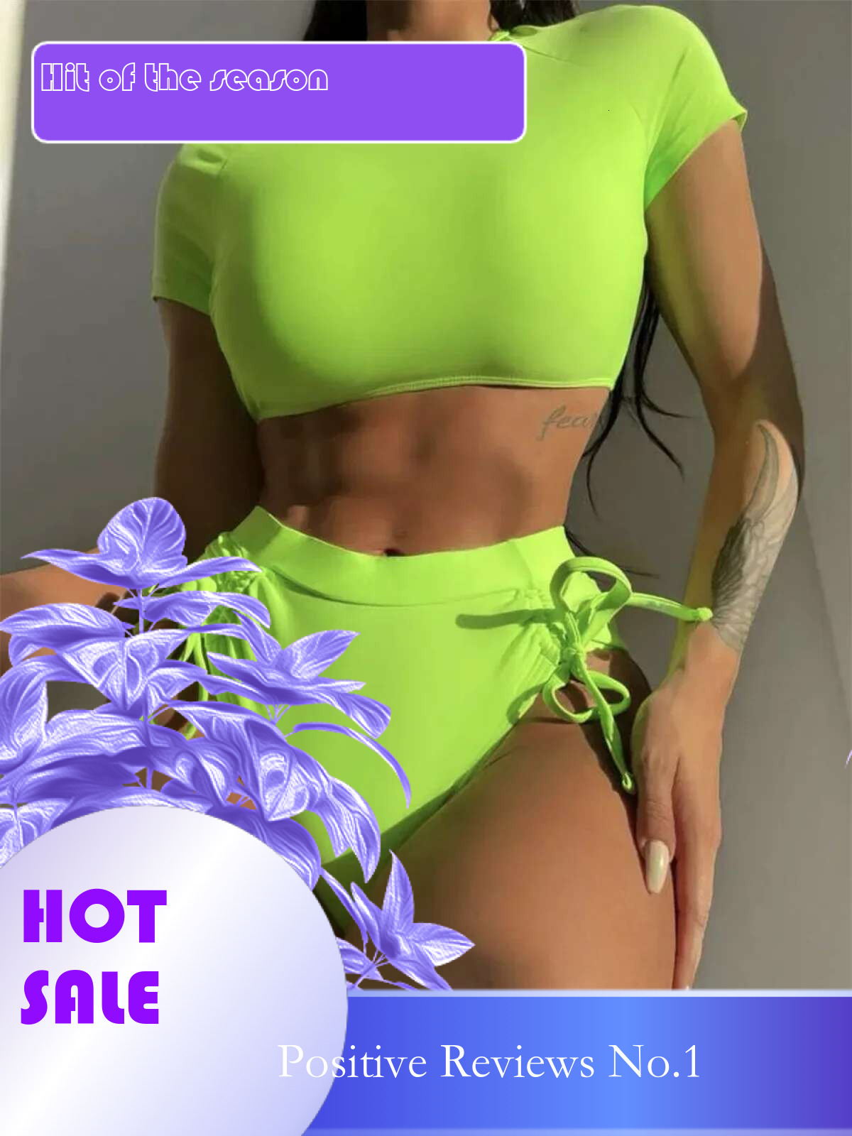 Dongdumaoyi Sexy Neon Geen Bikini Women Summer Short Sleeve Sport Black Swimsuit Bathing Suit Drawstring Bandage High Waist Swimwear
