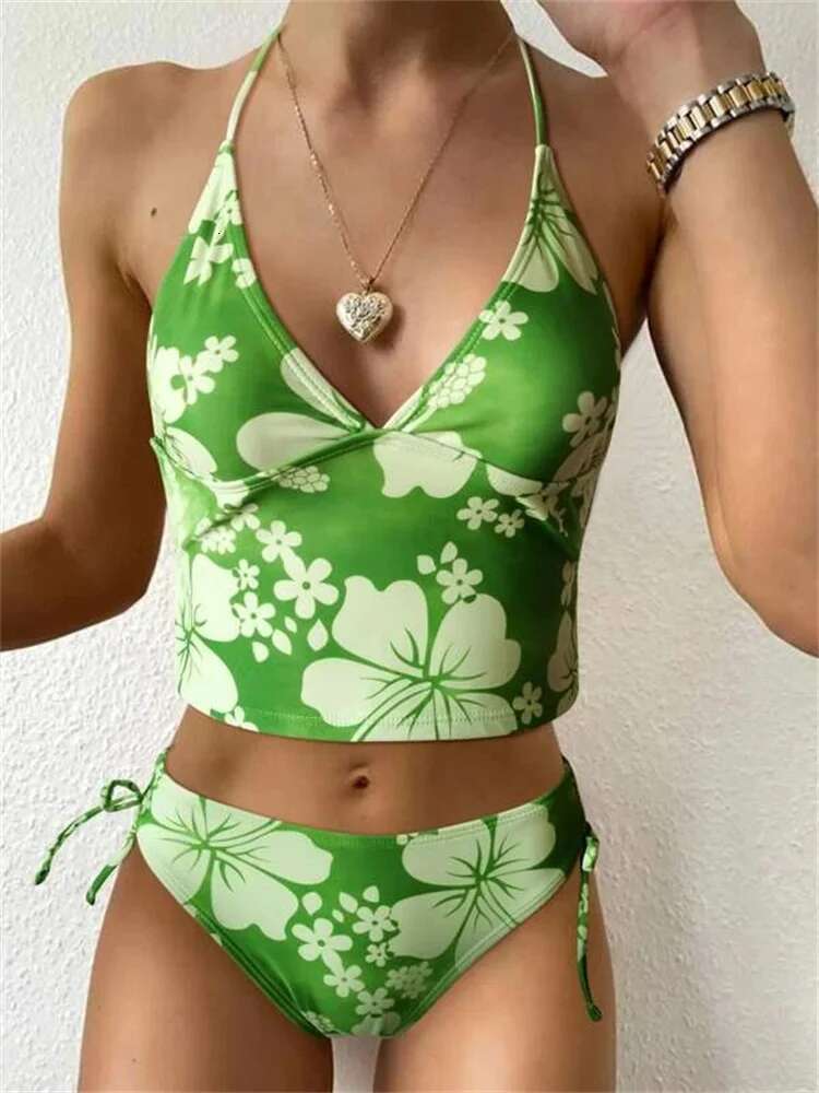 Dongdumaoyi Sexy Yellow Floral Print Bikinis Set Women Halter Push Up Crop Top Swimsuit Beach Bathing Suit Lace High Waist Swimwear