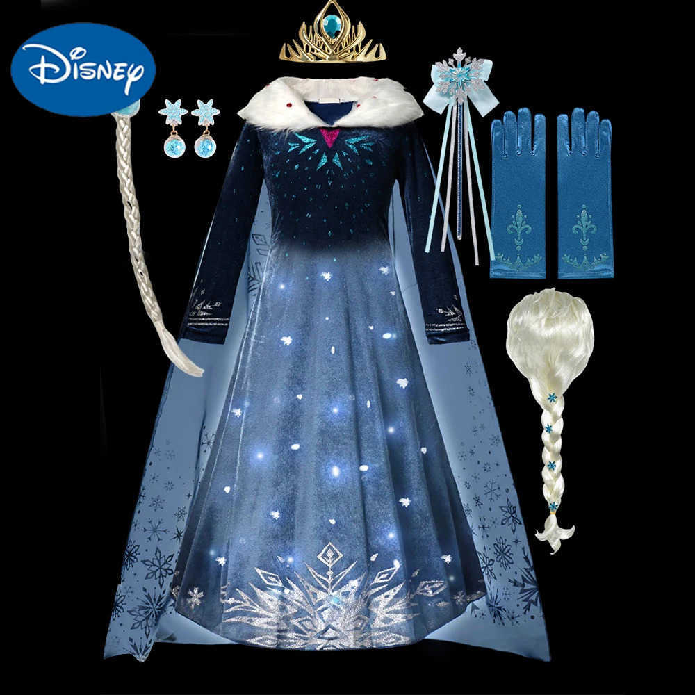 Disney LED Light Up Esla Costume Winter Dress Fur Collar Halloween Disguise Party Girls Birthday Party Gowns Long Sleeve Girls Dresses X250408