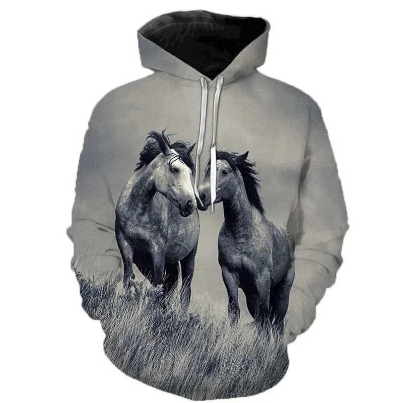 2024 New Autumn Mens Hoodie 3D Printed Mens Animal Horse Hoodie Loose Fit Zipper Casual Sweatshirt W250408