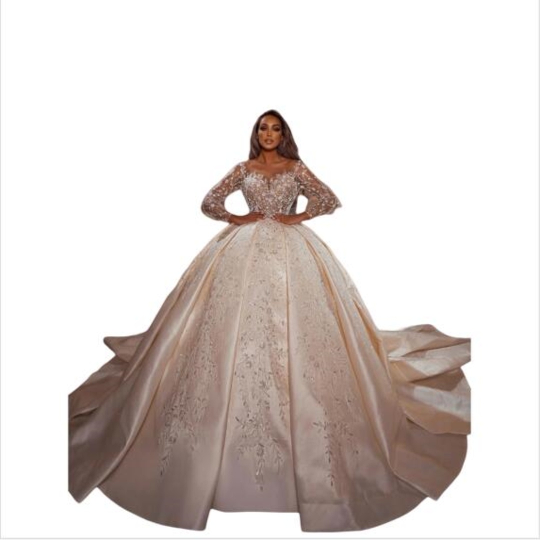 Exquisite Appliques Ball Gown Wedding Dress Glitter O Neck Women Party Wear Lace Charming Customized Illusion Sleeve Bridal Dress