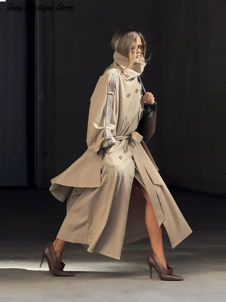 Autumn Winter Elegant High Neck Long Trench Coat For Women Pleated Hem Lace Up Jacket Windproof Overcoat 2025 Lady Outwear 251106