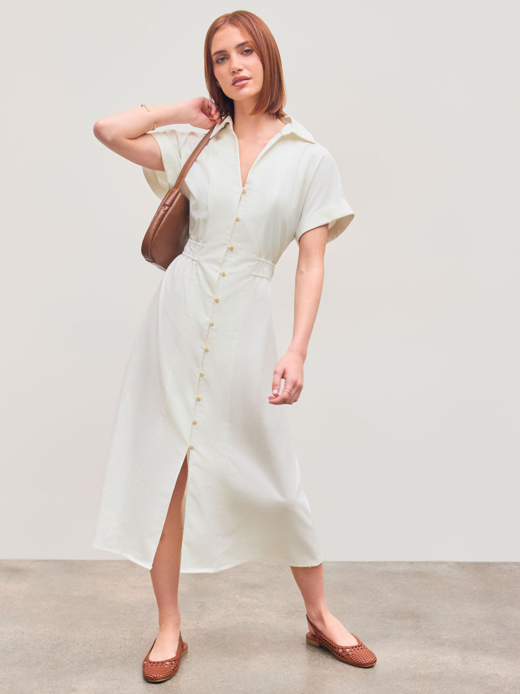 Women's White Button Midi Shirt Dress Linen-blend Collar Solid Shirred Work Dress