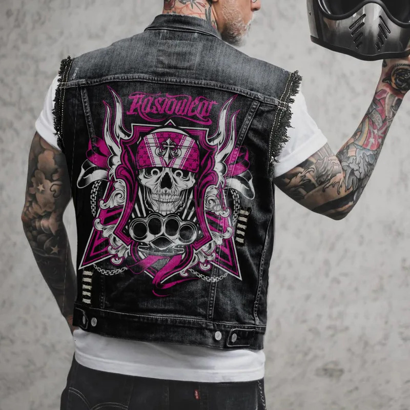 Mens fashion motorcycle vest with Spring and Autumn skull print Distressed Hole sleeveless punk denim jacket black streetwear 250407