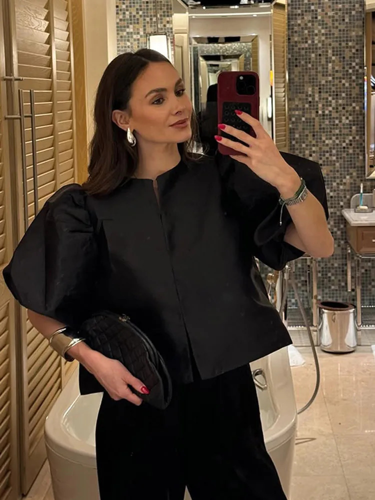 Fashion Solid Satin Womens Puff Half Sleeve Elegant O-neck Womens Short Cardigan Spring Womens Chic Street Top 250402
