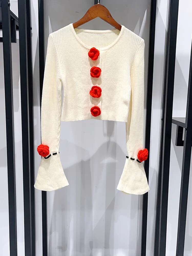 2025 Spring Women Knit Set Three-Dimensional Rose Long Flared Sleeve Sweater Cardigan Or Elastic Waist Ultra Short Skirt Suit