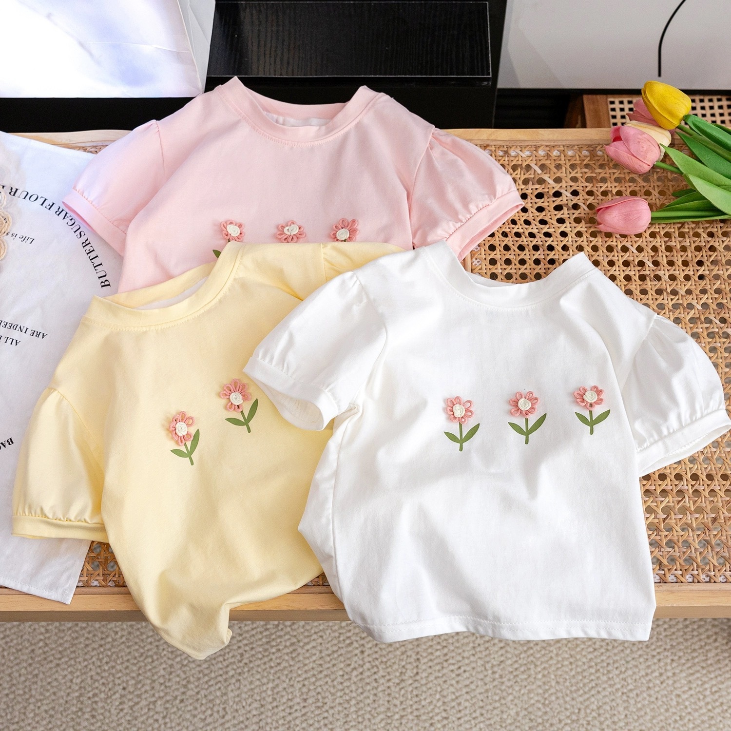 Ddmyshoesvip Girls Short Sleeves Edition Pure Cotton Korean Cute Baby Girl Western Style Three Dimensional Flower Children S T Shirt Summer Fashion
