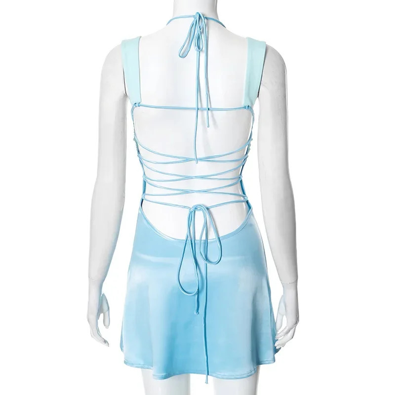 Summer Lace Up Halter Beach Vacation Mini Dress Outfits Women Bandage Backless Sleeveless Y2K Streetwear A Line Dresses Vestido 250408