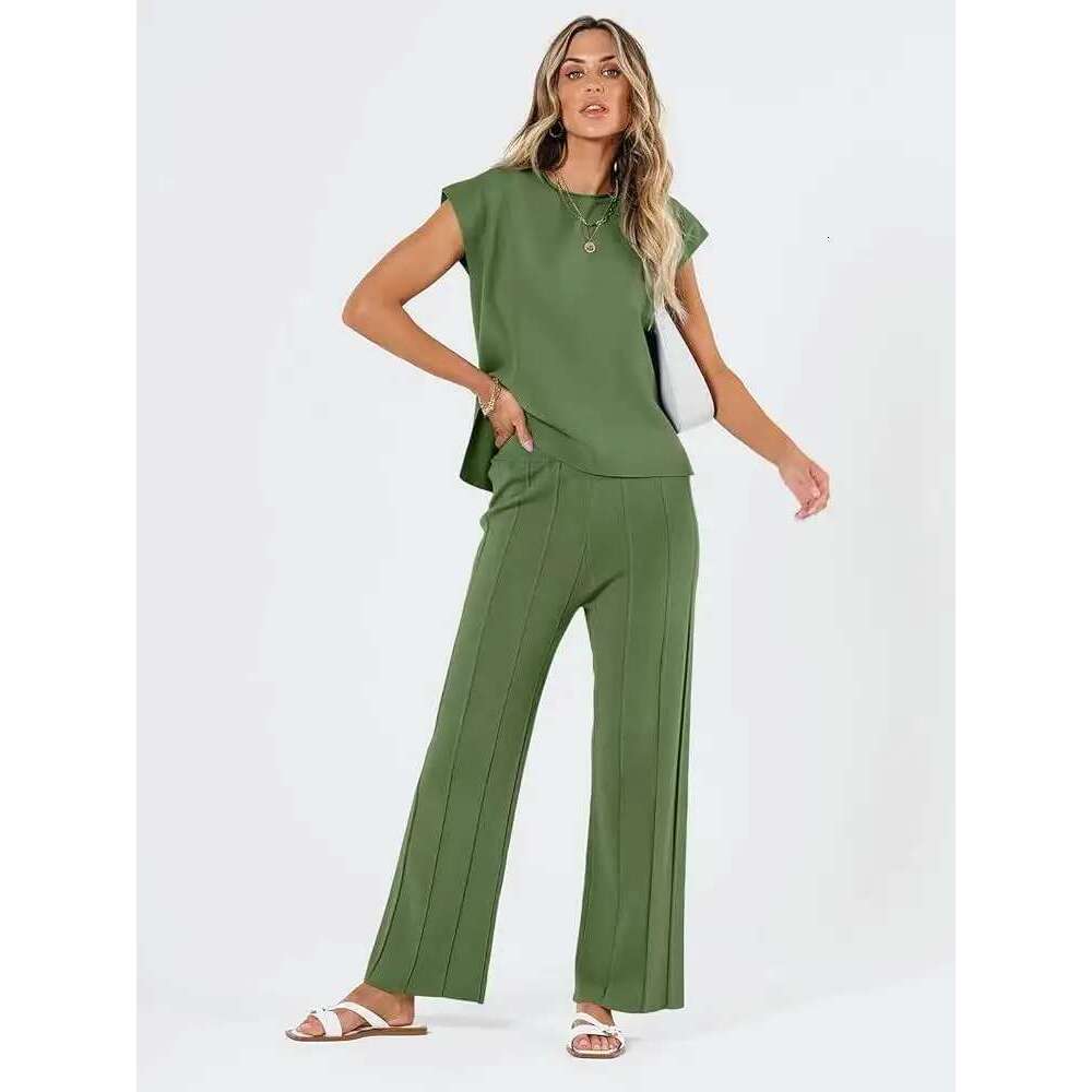 Stylish Women's Sleeveless Tank Top Knit Vest Wide-Leg Pants Ice Silk Suit, Summer New Solid Color Casual Outfit