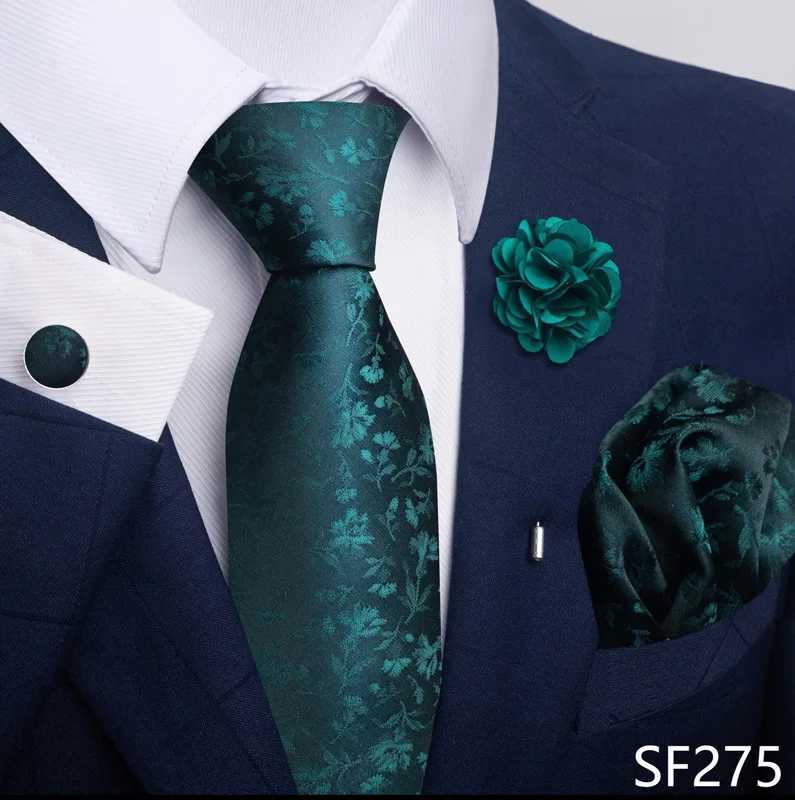 Luxury Mens Ties Floral Black Gold Ties Paisley NeckTie Pocket Square Cufflinks Brooch Set Mens Wedding Party Tie X2504071