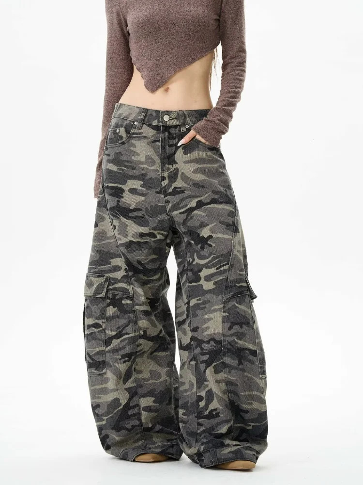 Garbage Y2K Street Camouflage Luggage Womens Jeans 90s Retro Clothing Wide Leg Underwear Trousers 250407