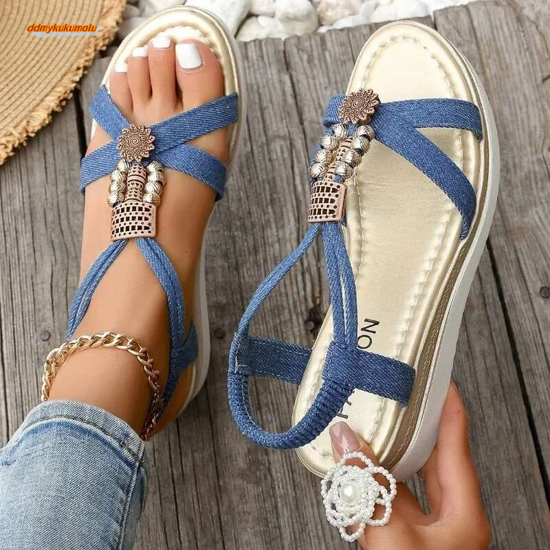 Shoes 2024 New Summer Women's Elastic Band Denim Blue Solid Metal Decoration Beads Platform Water Proof Sandals ddmykukumalu