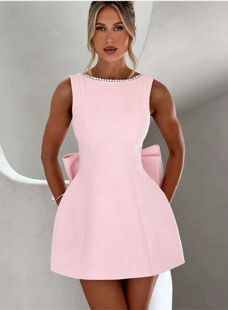 Elegant Pearl Bow Backless Sexy Mini Dress Women's Party Short Dresses White Black Pink Birthday Evening Wedding Summer