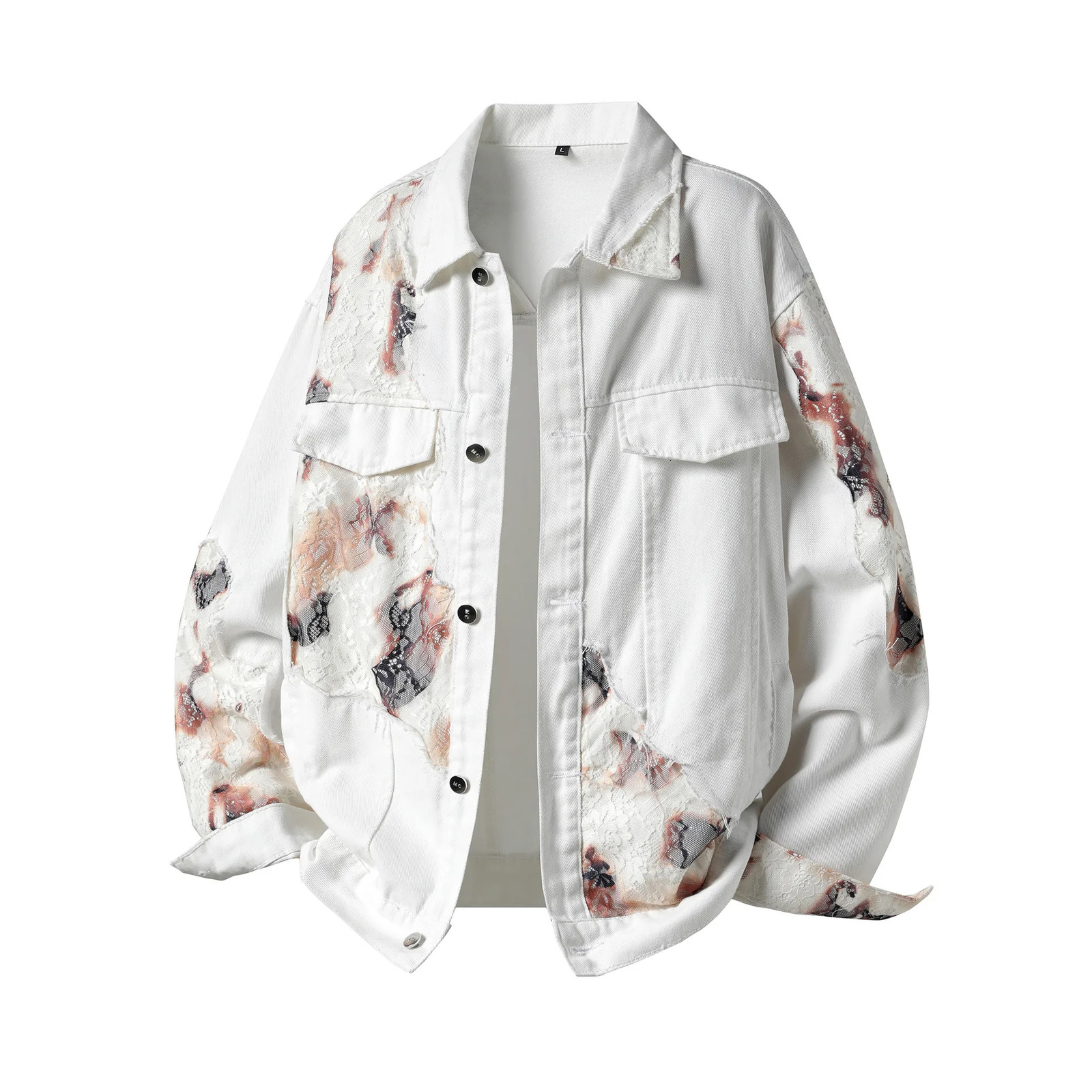 2025 Product Japanese Retro Jacket Denim Street White Jeans Trend Personalized Flame Splicing Stickers Lace Men 250408