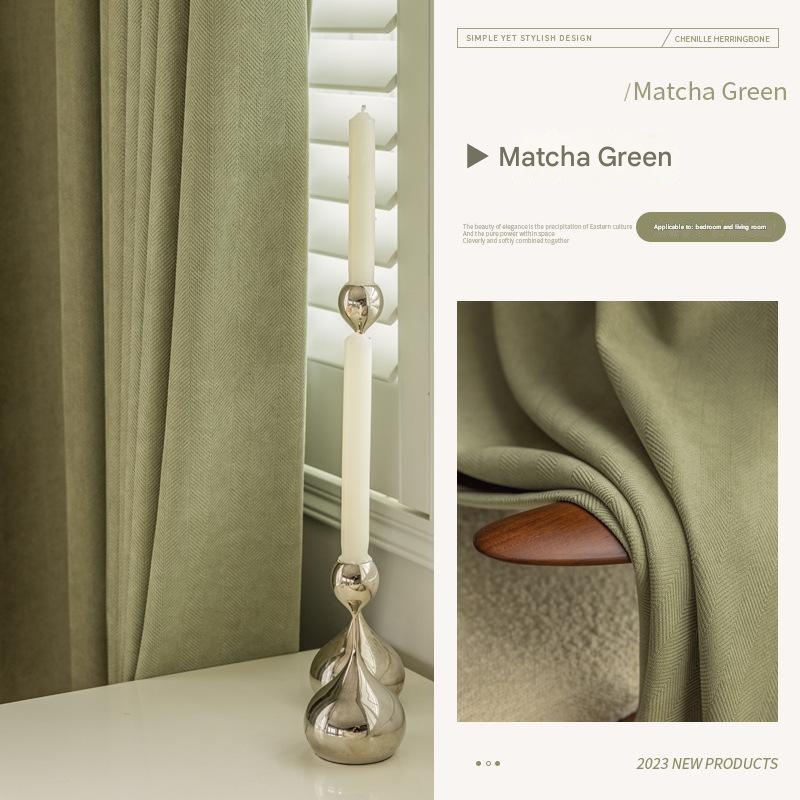 A863 Herringbone pattern chenille thickened blackout curtains matcha green bedroom new style net red ins style simple living room bay window Curtain