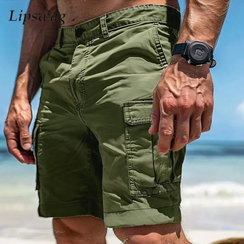 Mens casual loose cargo shorts summer trend multi pocket patch work mens fashionable solid color straight 250403