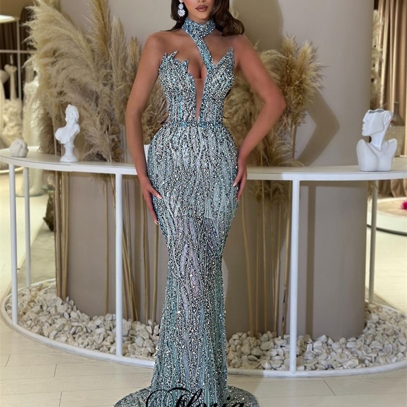 Simple Blue Sequined Cocktail Dresses Halter Sleeveless Formal Occasion Dresses Prom Dresses Robes De Bal Host Dresses 250327