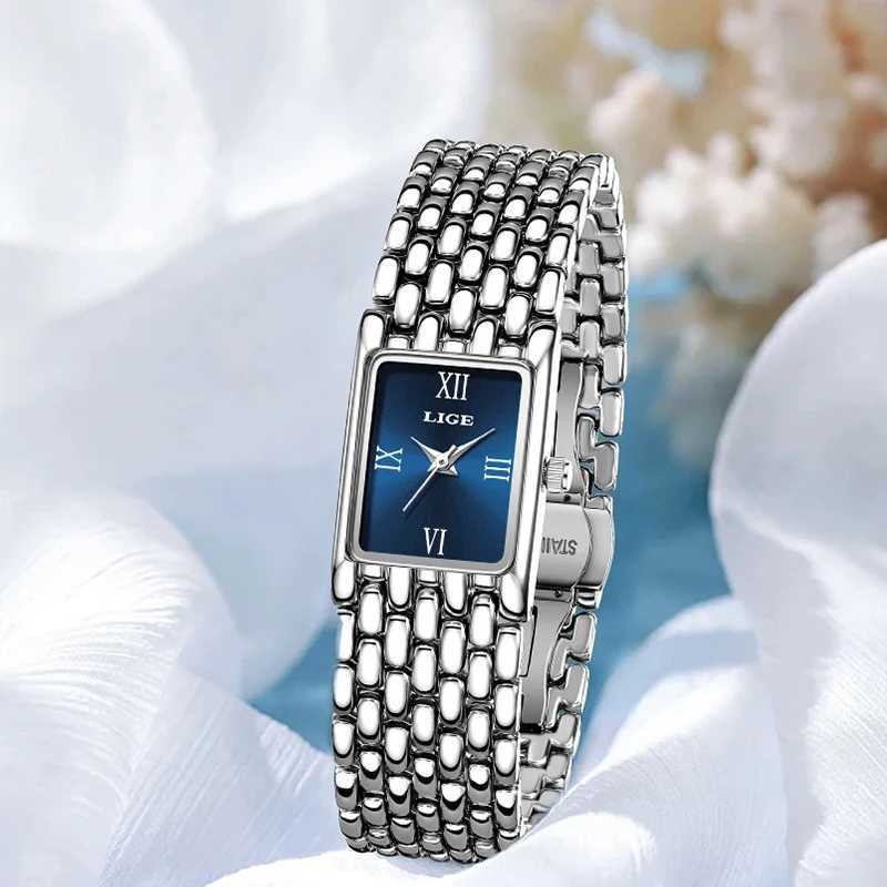 Lige Silver Watch for Women Square Ladies Quartz Watch Stainless Steel Womens Small Gold Watch Luxury Leisure Fashion WatchT250408