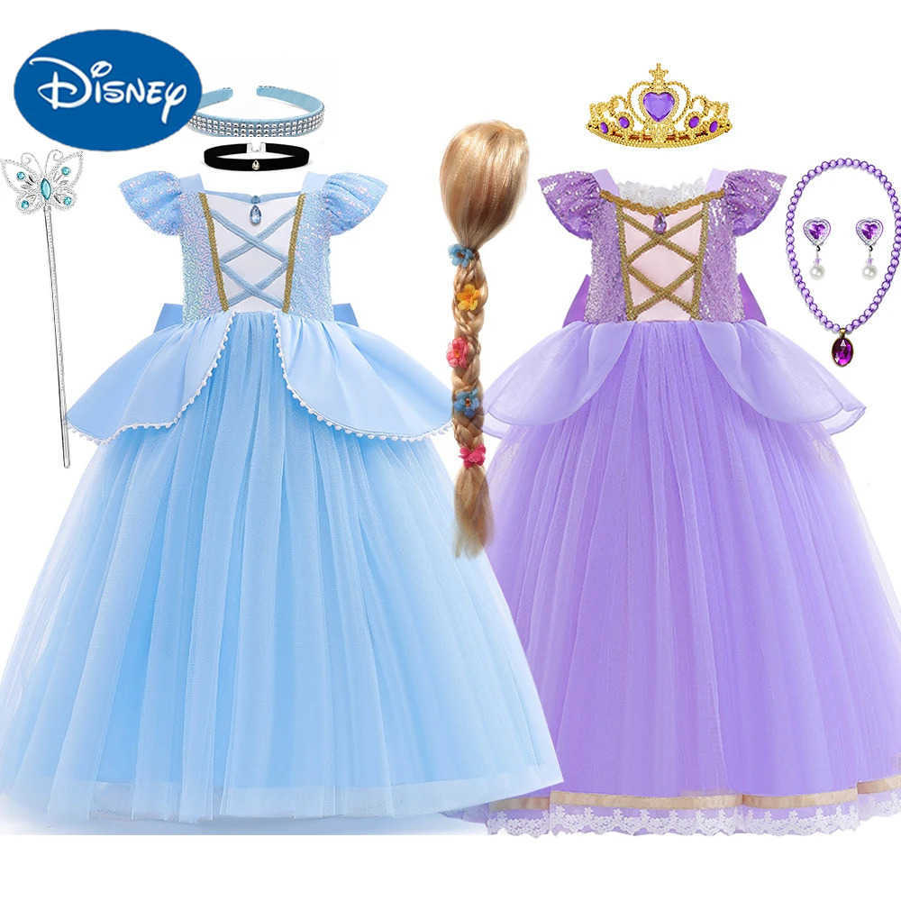 Disney Girls Princess Dress Cinderellas Ball Gown Costume Flying Sleeve Big Bow Blue Purple Dress Fancy Carnival Birthday Party Luxury X250408