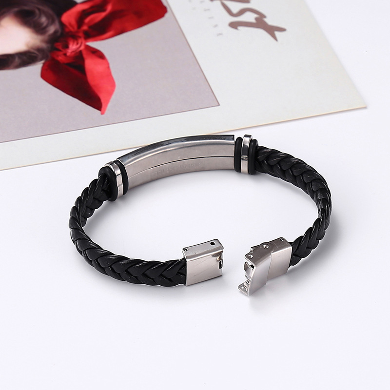 Stainless steel men's light plate leather woven bracelet, gift for boyfriend or friend