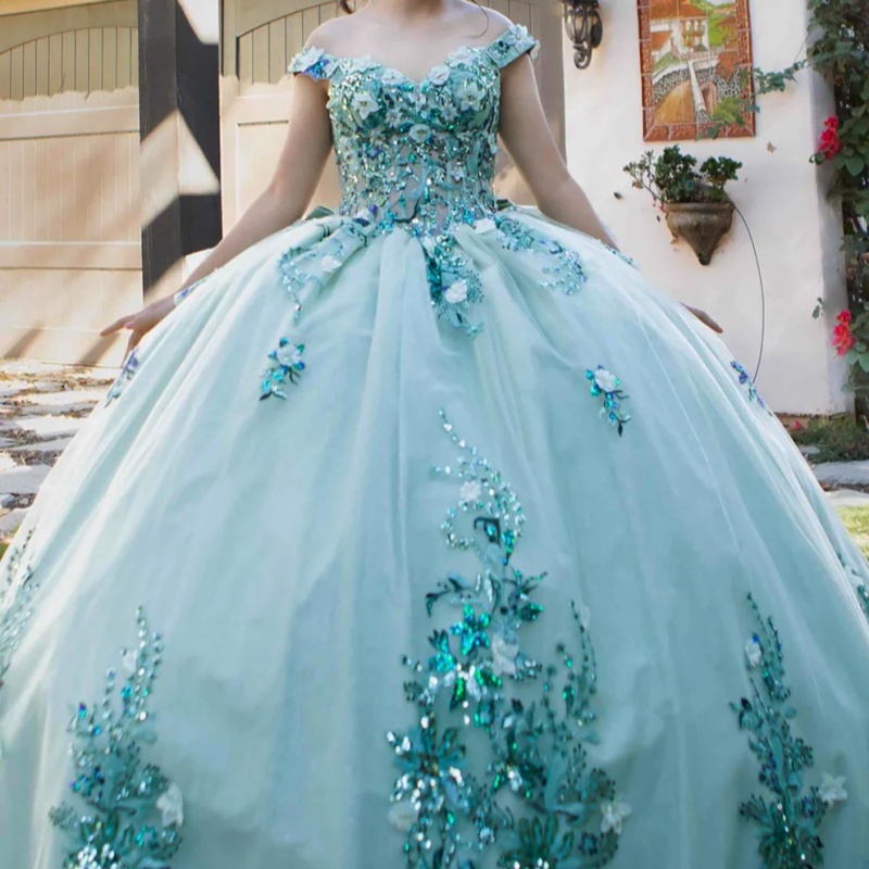 Mint Green Quinceanera Dresses Off Shoulder Ball Gown Sweet 16 Dress Sequin Applique Lace Beads Bow Tull Birthday Party Vestidos 15 De Anos
