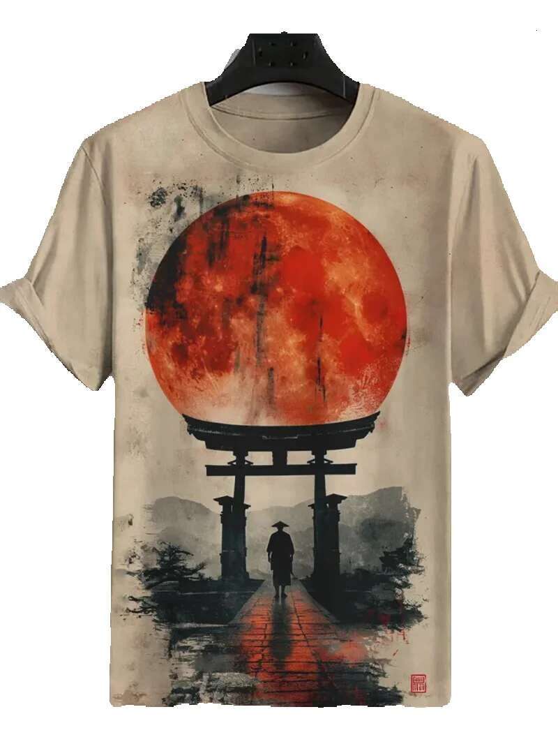 Japanese Ukiyo-E pattern men's animal wave 3D sun print casual short sleeved outdoor T-shirt oversized O-neck top