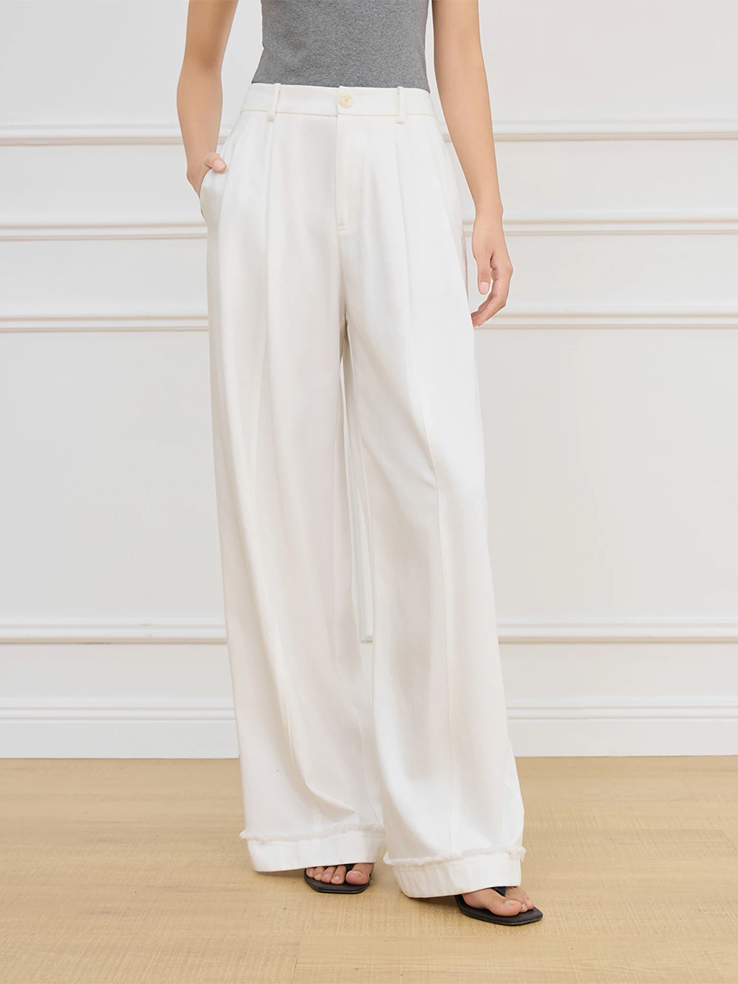 FSLE womens beige commuting pants with pleated n fully matched high waist wide leg casual spring 25FS11049 250407