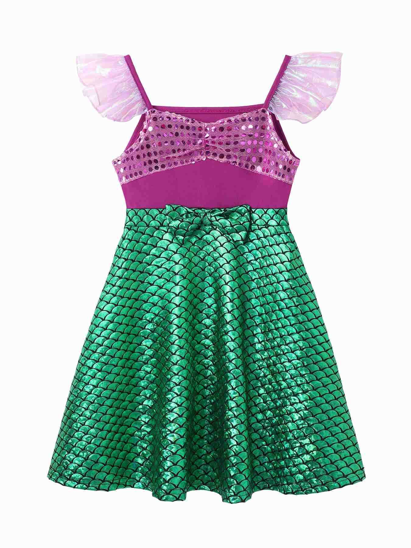 Disney Kids Girl One Piece Princess Mermaid Dress Summer Flying Sleeve Printed Casual Outfits Patchwork Vestido 2-8Y Children Clothing X250408