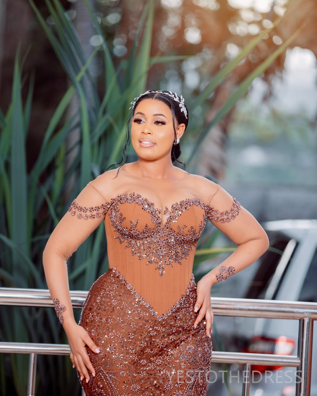 2025 Plus Size Brown Prom Dress Mermaid Prom Dresses Evening Formal Gowns For Special Occasions Sheer Neck Beaded Lace Birthday Second Reception Gowns