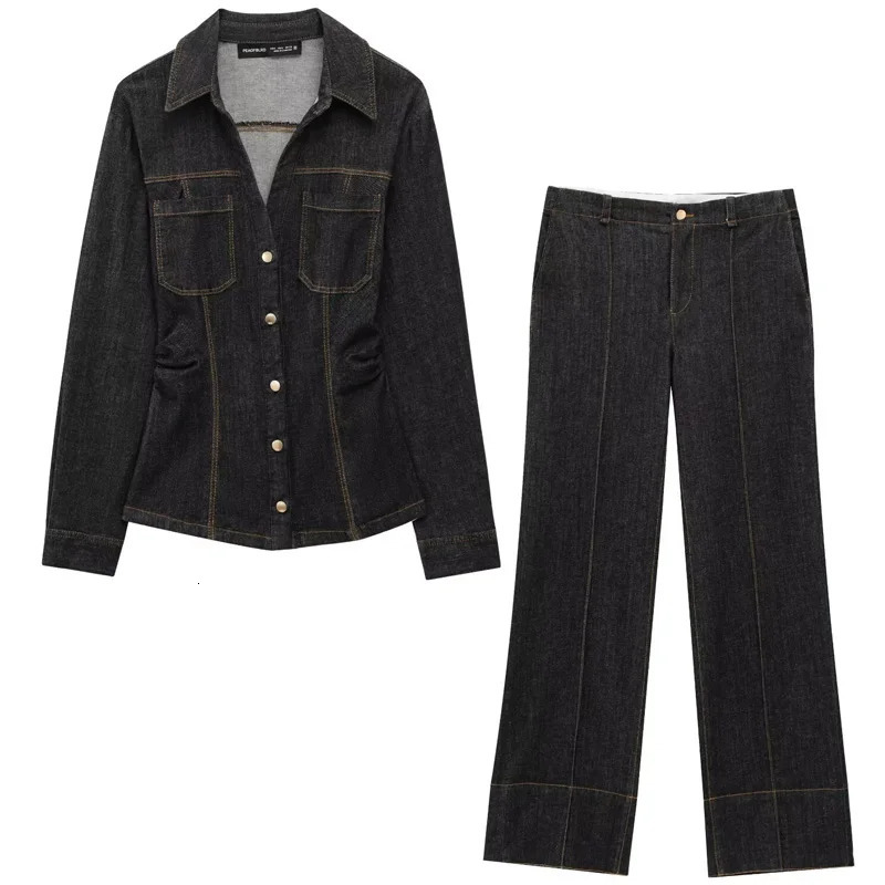 HXAO Black Denim Pant Sets Womens Two Pieces Set Slim Long Sleeve Shirt 2 Piece Sets Woman Outfit High Waist Flare Trousers Set 251105