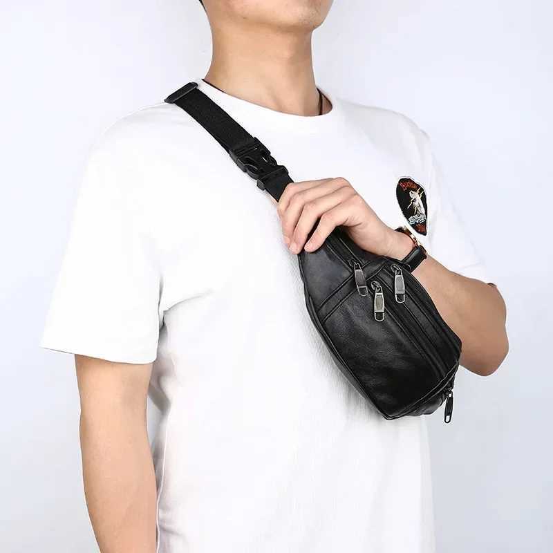 Leather mens waist bag thin outdoor sports tactical pad mens mini running Fanny bag cross body chest money strap bag Z250407