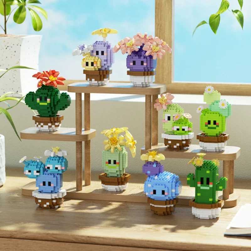 Free shipping Potting Building Blocks Mini Cactus Desktop Decoration Eternal Life Pollen Bowl DIY Assembly Model Childrens Toy Gift