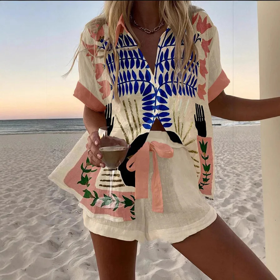 Summer Beach suit Women fashion lapel short sleeve shirt and elastic waist short two piece set Female vocation style print set 250407