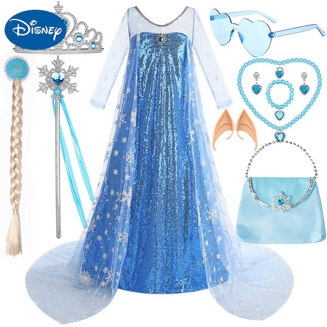 Disney New sequined blue Elsa party dress girl role-playing princess costume toddler birthday carnival costume accessories X250408