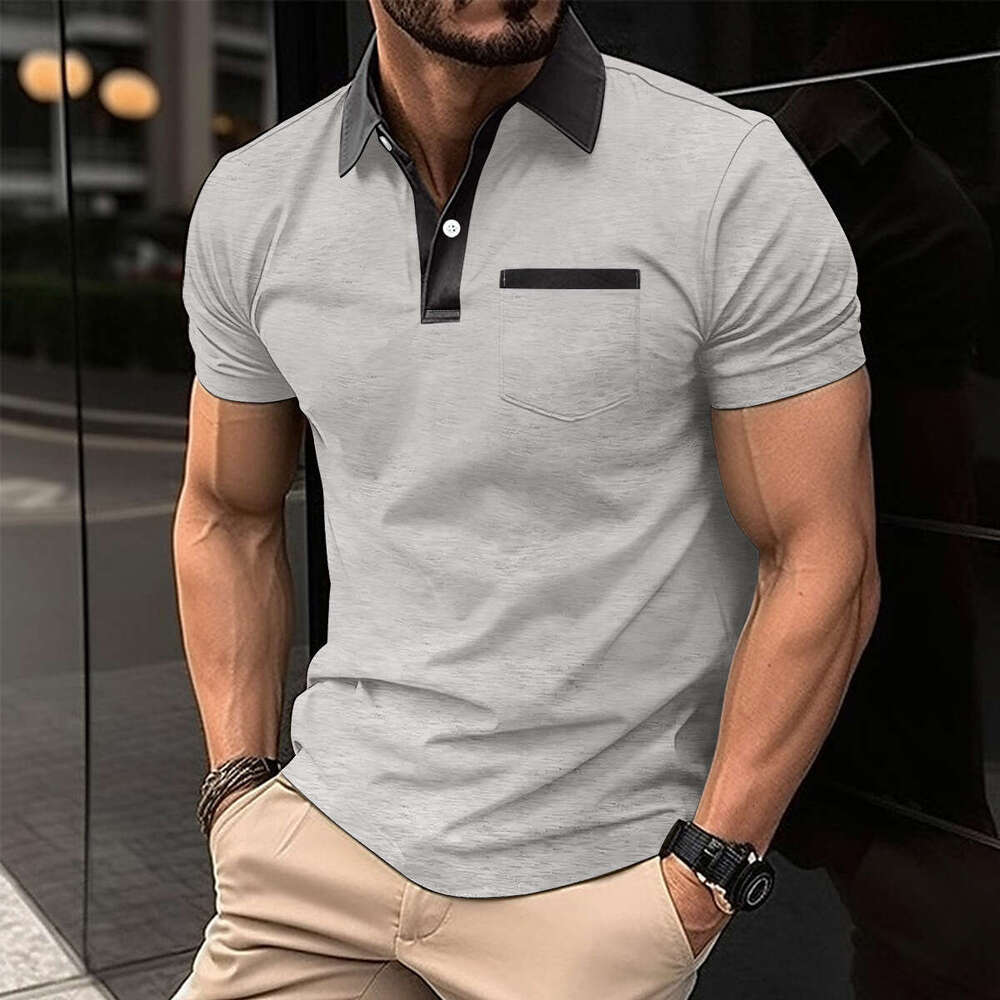 European and American collar fashionable slim fit chest pocket short sleeved men's T-shirt polo shirt 2025 new casual fashion trend clothing