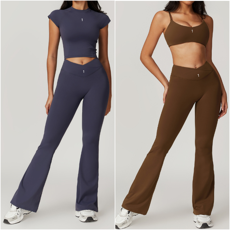 1 8799 Women Yoga Outfit Suits Vest Sleeveless Tops Pants Bell-bottom Trousers Sport Gym Running Long Pant Elastic High Waist Sportwear