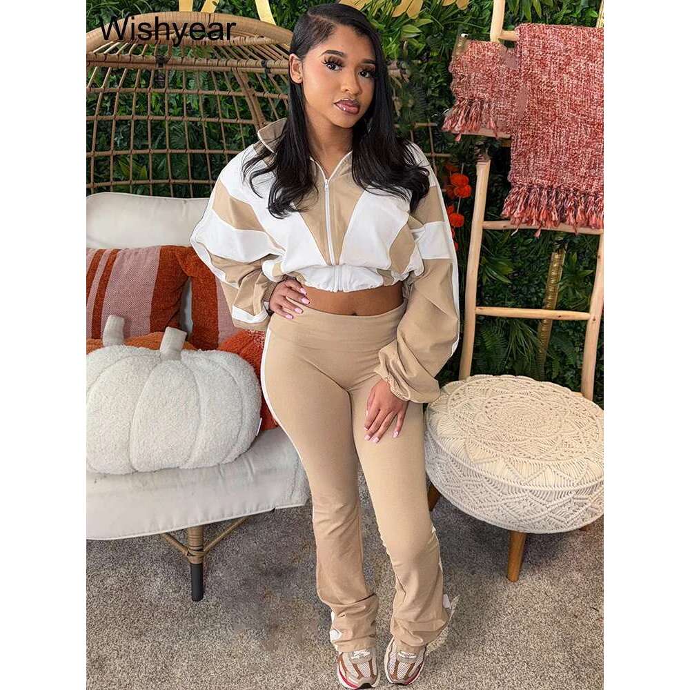 Fashion Patchwork Long Sleeve Zipper Crop Jacket And Skinny Pencil Pants Two Piece Set Woman Tracksuit Jogger Sports Outfits