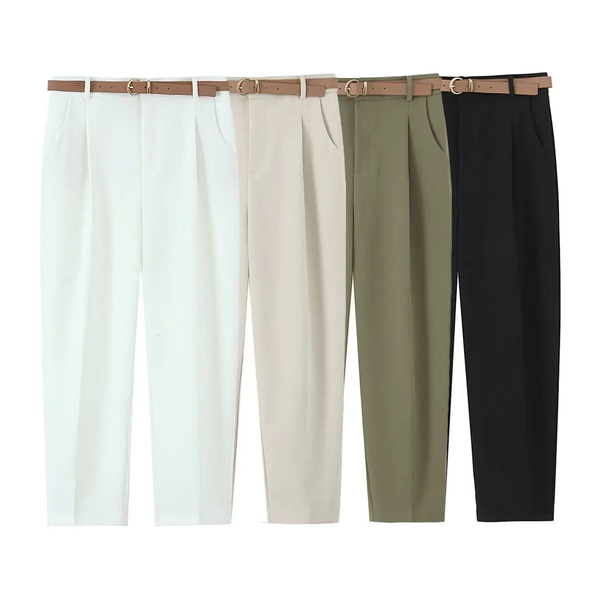 ZBZA Womens Waist Belt with Wrinkles Trouser High Side Pocket Front Zipper Summer Casual Solid Color Unique 250407