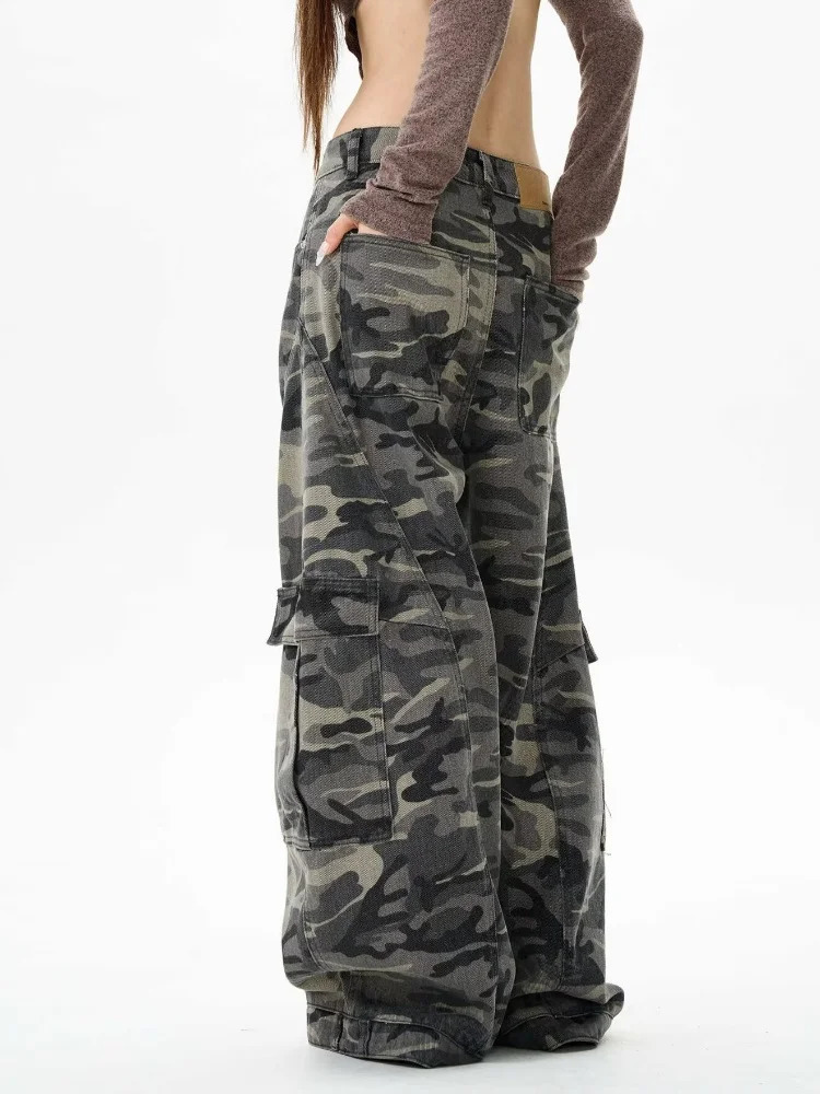 Garbage Y2K Street Camouflage Luggage Womens Jeans 90s Retro Clothing Wide Leg Underwear Trousers 250407