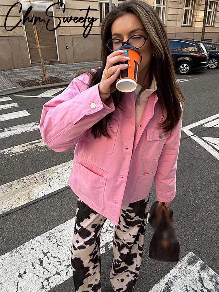 Casual pink womens coat patch work long sleeved pocket lapel jacket springsummer fashion 250407