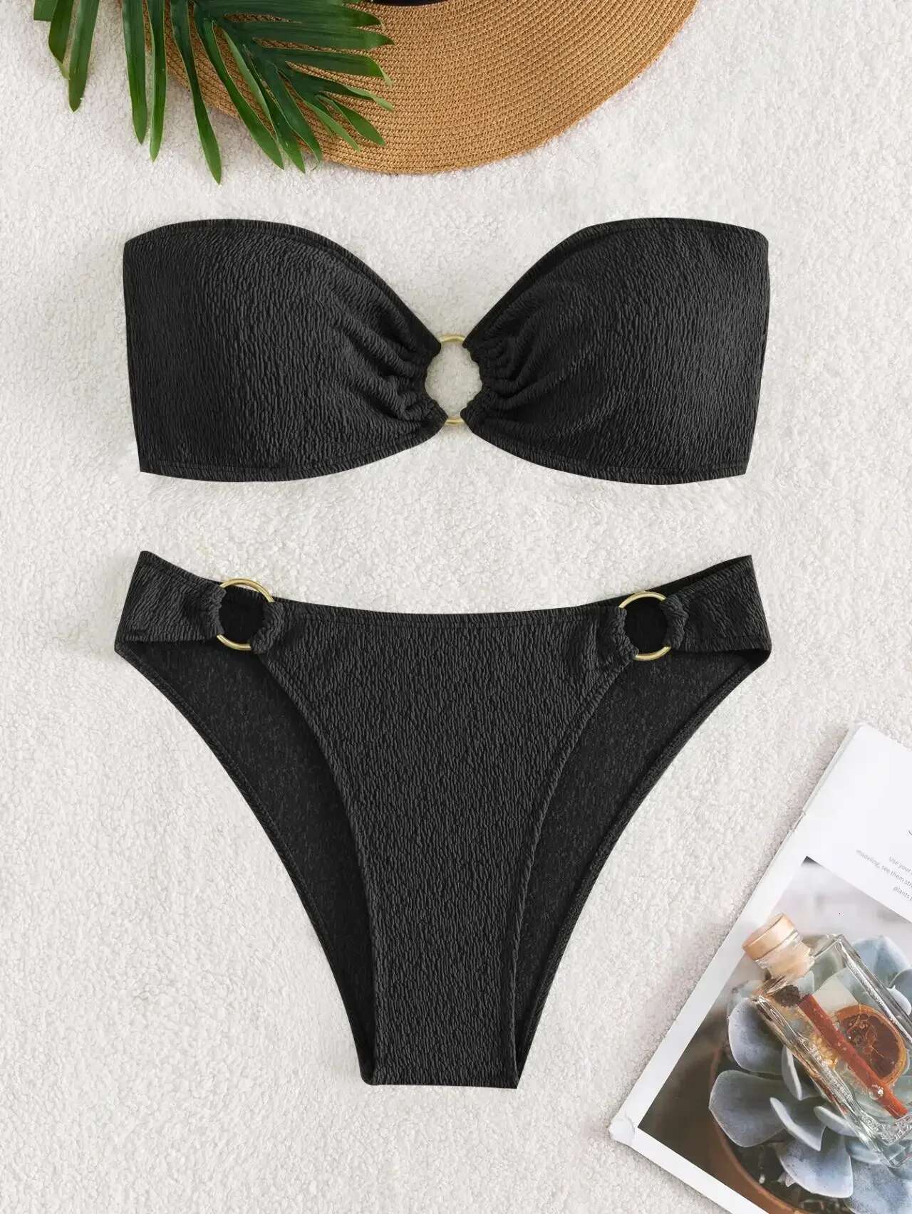 Dongdumaoyi Sexy Bandeau Bikinis Sets Women Metal Ring Linked Push Up Micro Swimsuit Solid Bathing Suit Thong Swimwear Trajes De Ba O